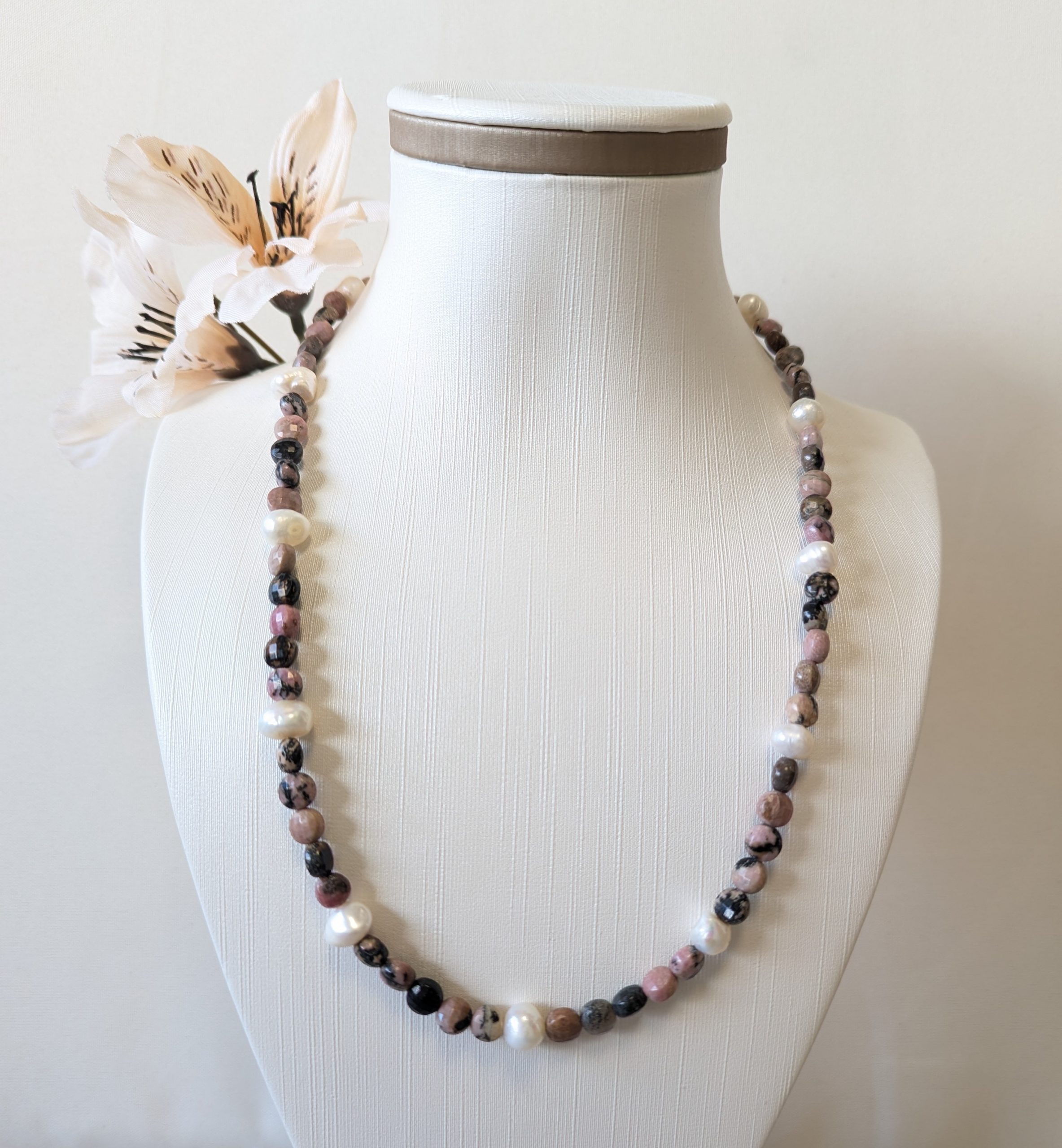 Rhodonite & Pearl Beaded Necklace – Stone of Compassion, Emotional Balance Jewelry